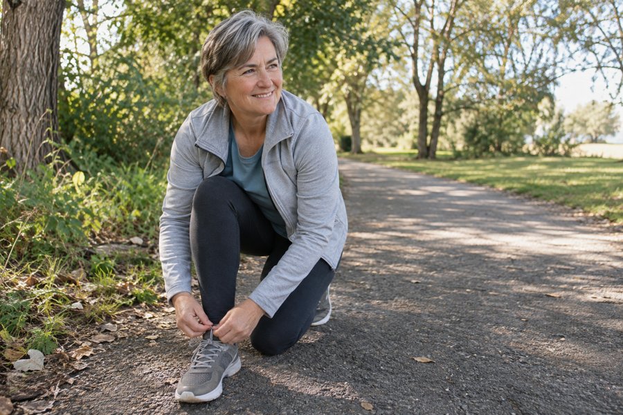 Una donna adulta si prepara con serenità a correre